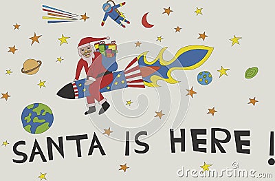 Santa riding rocket to Earth with gifts Christmas Vector Illustration