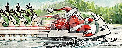 Santa riding snowmobile Cartoon Illustration