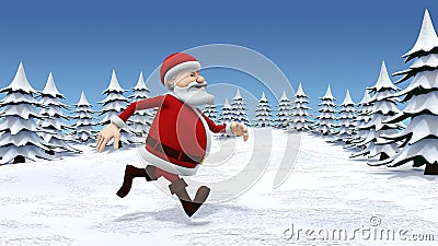 Santa running through snow covered landscape Cartoon Illustration