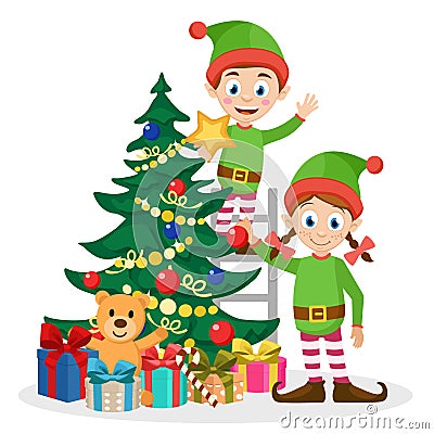 Santa`s helpers decorate the Christmas tree on a white. Vector Illustration