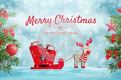 Santa`s reindeer sleigh full of gifts in snow. Merry Christmas greeting card with cute toys composition Stock Photo