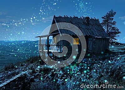 Santa`s secret cottage with magic lights Stock Photo