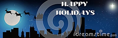 Happy Holidays - Santa's Slay is set against a dark silhouette skyline (Chicago) with a large moon & twinkling stars on Christmas Stock Photo