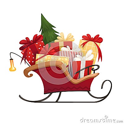 Santa`s sleigh with Christmas gifts boxes with bows and Christmas tree Vector Illustration