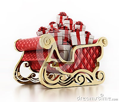 Santa`s sleigh loaded with giftboxes isolated on white background. 3D illustration Cartoon Illustration