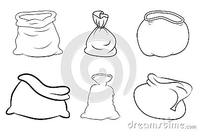 Santa sack outline set. Contour shape of santa claus bag. Vector icon, symbol, design. Empty and full. Open and closed. Line art Vector Illustration