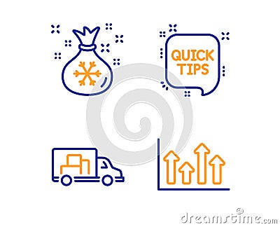 Santa sack, Quick tips and Truck transport icons set. Upper arrows sign. Gifts bag, Helpful tricks, Delivery. Vector Vector Illustration