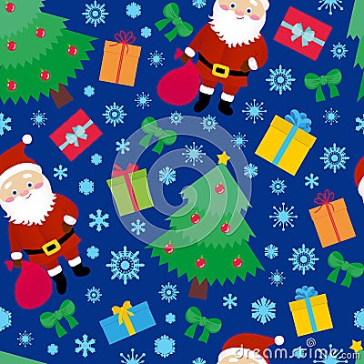 Santa seamless pattern, repeat Christmas elements, dark blue background. Vector Illustration