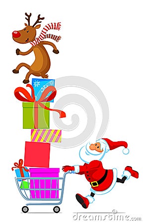 Santa with shopping cart full of gifts Vector Illustration