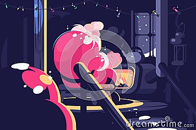 Santa sitting near fireplace Vector Illustration