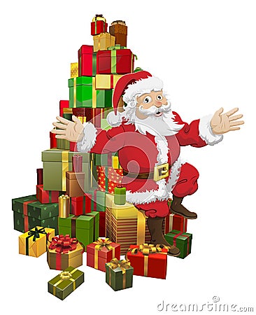 Santa sitting on a pile of gifts waving Vector Illustration