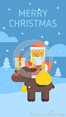 Santa sitting on reindeer holding gift bag and gift box Vector Illustration