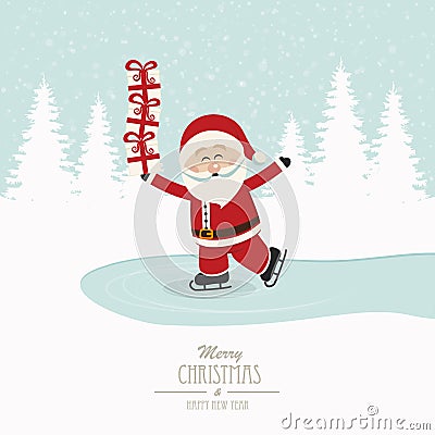 Santa skate on ice balance gifts winter background Stock Photo