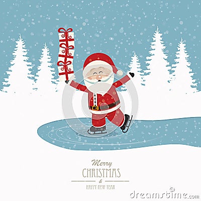 Santa skate on ice balance gifts winter background Stock Photo
