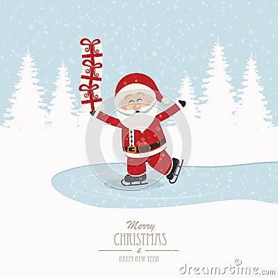 Santa skate on ice balance gifts winter background Stock Photo