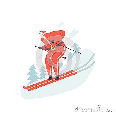 Santa Skier Riding Downhills at Winter Season. Christmas Character Athlete in Red Tracksuit, Hat and Sunglasses Skiing Vector Illustration