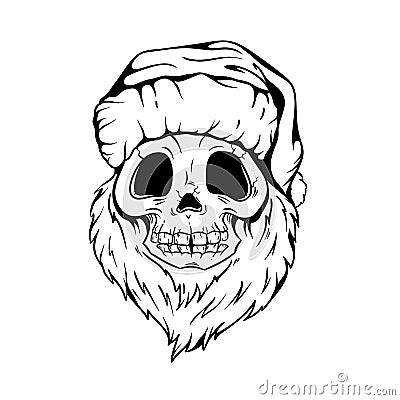 Santa Skull in Christmas hat with hipster beard Line art Tattoo. Santa Claus skeleton for Gothic alternative holiday Vector Illustration