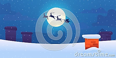 Vector santa sled with flying reindeers snow roof Vector Illustration