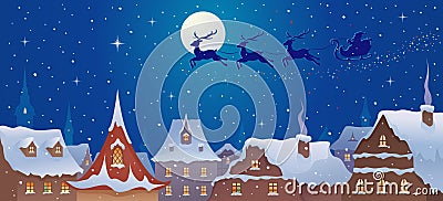 Santa sleigh above town Vector Illustration