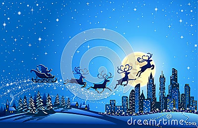 Santa Sleigh Closer to the Big City Vector Illustration