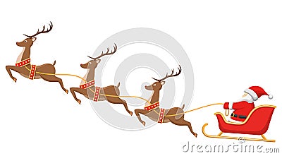 Santa on Sleigh and His Reindeers on White Vector Illustration