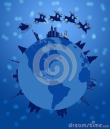 Santa Sleigh and Reindeer Flying Around the World Stock Photo