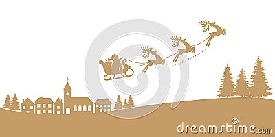 Santa sleigh reindeer flying gold silhouette Vector Illustration