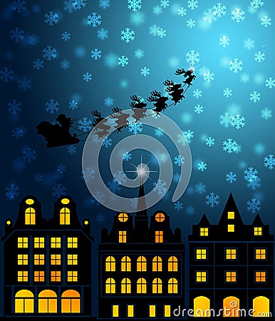 Santa Sleigh Reindeer Flying Over Victorian Houses Stock Photo