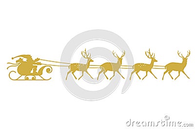 Santa sleigh reindeer gold silhouette. Vector Illustration