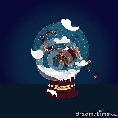 Santa on sleigh and reindeers in the snow ball snow globe Vector Illustration