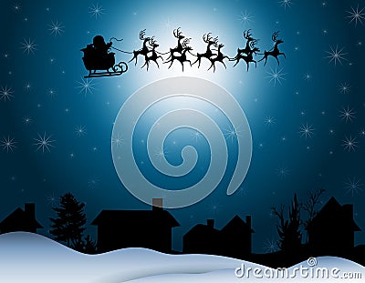 Santa Sleigh Silhouette Night Cartoon Illustration