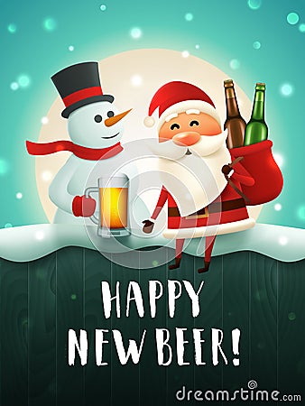 Santa and snowman beer poster for new year party. Vector Illustration