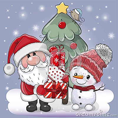 Santa and snowman in a pink hat near Christmas tree Vector Illustration