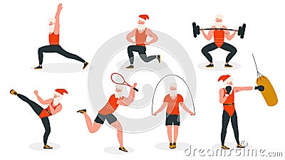 Santa in sport healthy activity vector illustration, cartoon flat active bearded Santa wearing xmas red hat and athlete Vector Illustration