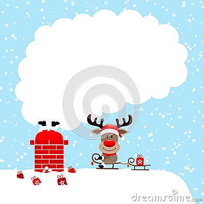 Santa Stuck In Chimney And Reindeer Sitting On Sleigh Smoke Snow Blue Vector Illustration