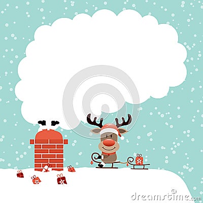 Santa Stuck In Chimney And Reindeer Sitting On Sleigh Smoke Snow Turquoise Vector Illustration