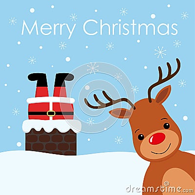 Santa stuck in chimney vintage reindeer smile snow background Vector Illustration