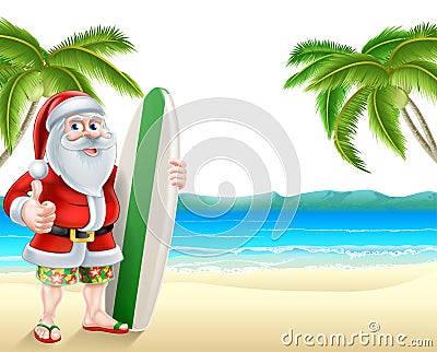 Santa Surfing Christmas Tropical Summer Beach Vector Illustration