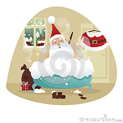 Santa taking a bath Cartoon Illustration