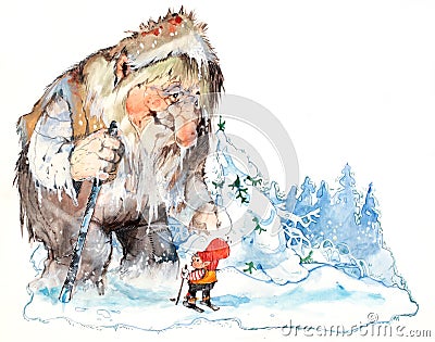 Santa and troll in the winter forest Stock Photo