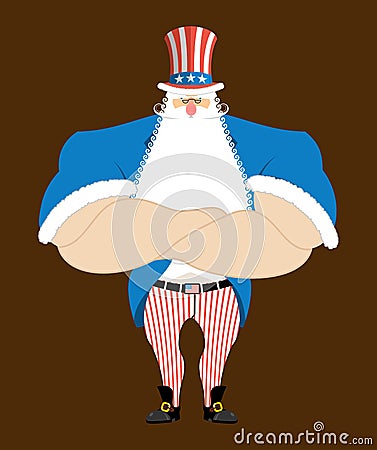 Santa Uncle Sam. American Christmas Claus. Winter cylinder. Patriotic grandfather white beard. US National new year hero Vector Illustration
