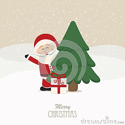 Santa wave behind tree snowy background Stock Photo