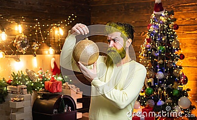 Santa wish merry Christmas. New year Christmas concept. Bearded man in Christmas sweater. Modern Santa. Funny winter Stock Photo