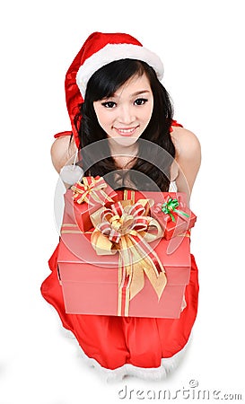 Santa woman holding a gift box Stock Photo