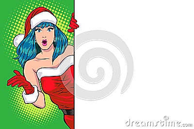 Santa Claus woman peeking holding blank sign Vector Illustration
