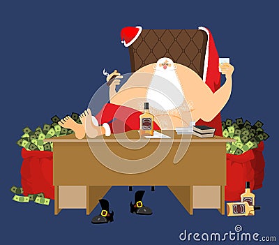 Santa after work relaxes. Rich Claus and red bag with money. Drink and Cigar. bottle of whiskey and glass with ice. Office Vector Illustration