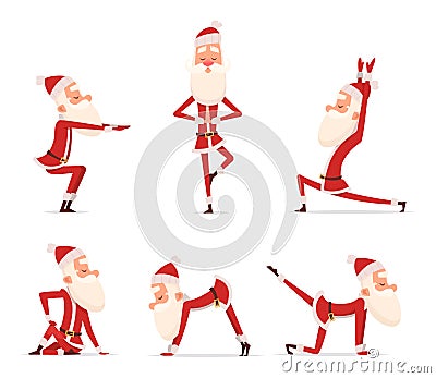 Santa yoga poses. Christmas winter holiday sport healthy character standing in various relax poses vector cute mascot Vector Illustration