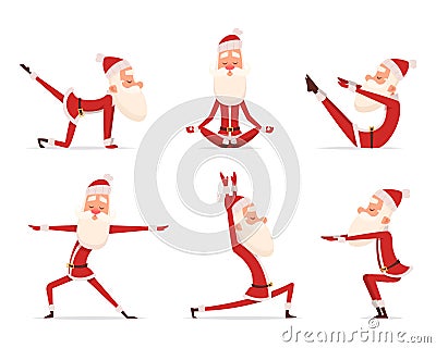 Santa yoga relax. Winter cute healthy christmas holiday santa claus outdoor doing sport yoga exercises vector characters Vector Illustration