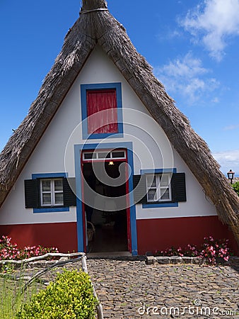 Santana in Madeira is a beautiful village on the north coast. is known by its small thatched triangular houses. Dragon Trees and f Editorial Stock Photo