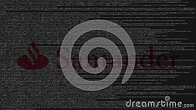 Santander Bank logo made of source code on computer screen. Editorial 3D rendering Editorial Stock Photo